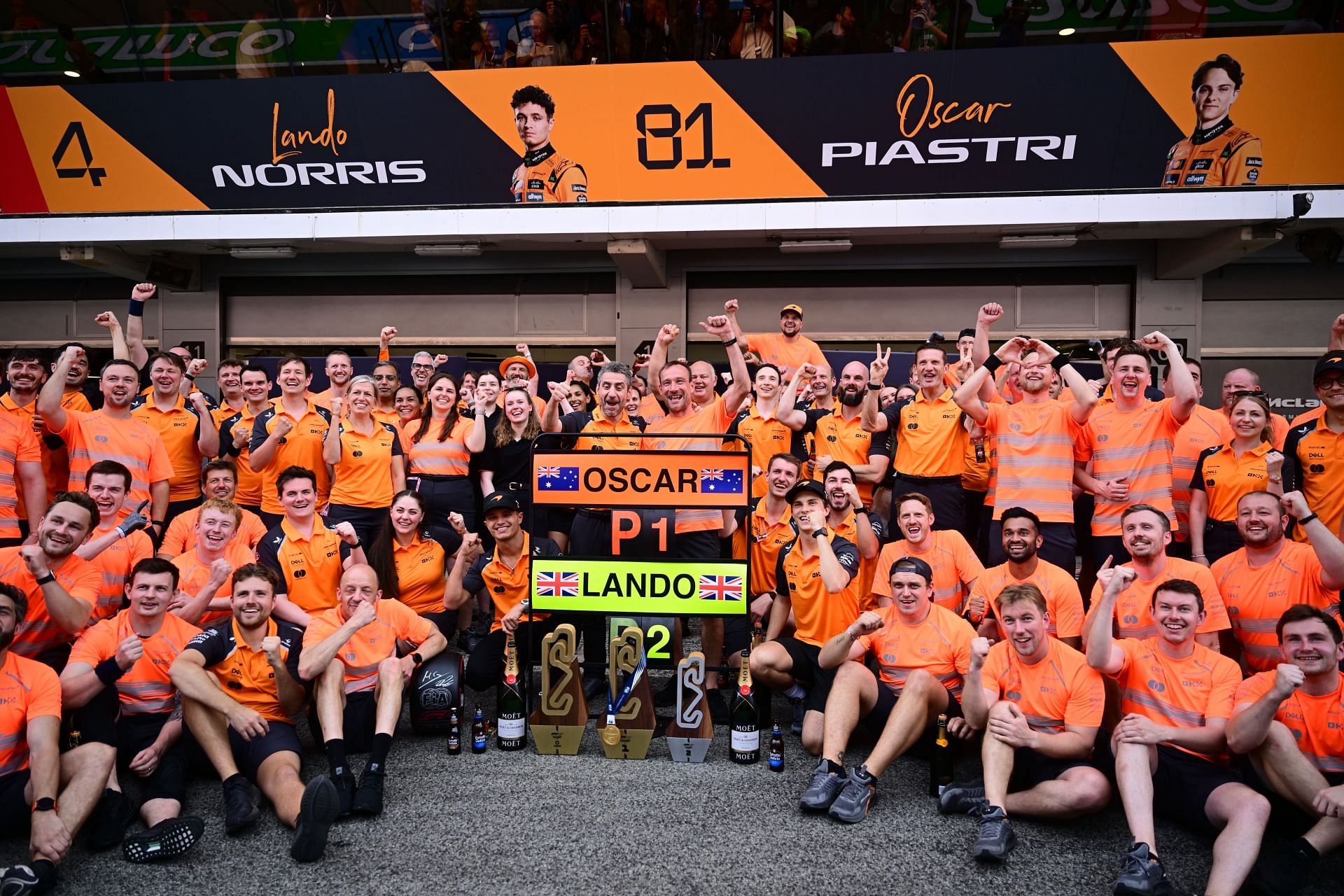 Oscar Piastri and Lando Norris celebrate with the McLaren F1 Team after the Spanish GP. Source: Getty